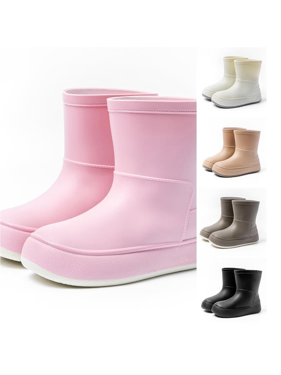 GobdXE Solid Mid Calf Rain Boots Waterproof Nonâ Thick Platform Sole Short Rain Booties Easy On off Outdoor Mud Boots for Boys Girls Pink,14-15 Years