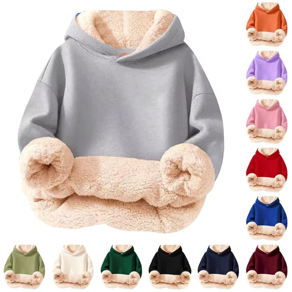 GobdXE Solid Sherpa Lined Kids Thick Pullover Hooded Sweatshirt Long Sleeve with Kangaroo Pocket Rib Light Gray,3-4 Years