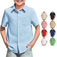 thumbnail image 1 of GobdXE Solid Short Sleeve Button Down Collared Shirt with Left Chest Pocket Unisex Kids Back to School Uniform Casual Dress Tops for Boys Girls 7-8 Years,Light Blue, 1 of 3