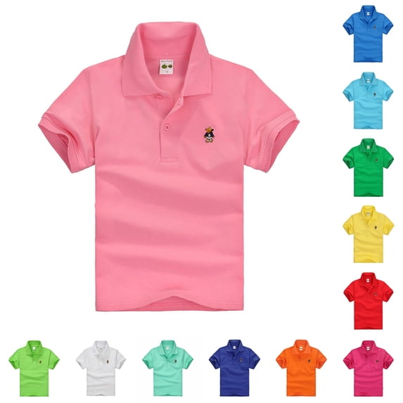 GobdXE Solid Single Button Placket Cartoon Embroidery Short Sleeve Polo Shirt Unisex Kids Back to School Uniform Casual Pullover Tops for Boys Girls 18-24 Months,Pink