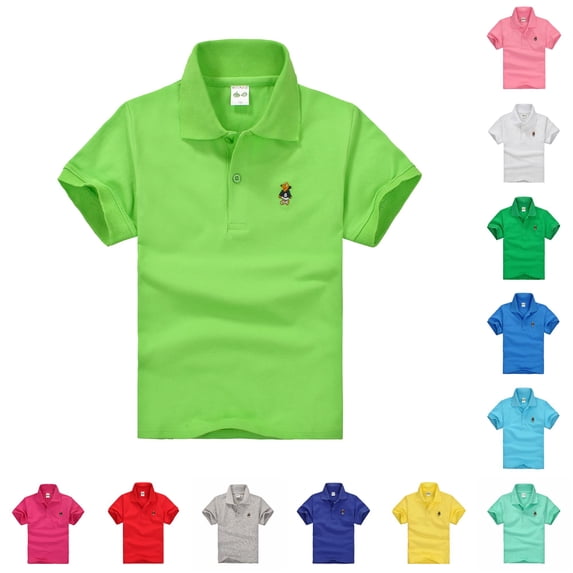 GobdXE Solid Single Button Placket Cartoon Embroidery Short Sleeve Polo Shirt Unisex Kids Back to School Uniform Casual Pullover Tops for Boys Girls 2-3 Years,Light Green