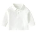 thumbnail image 1 of GobdXE Solid Three Button Placket Edge Stitch Peter Pan Collar Long Sleeve Polo Shirt Unisex Kids Back to School Uniform Basic Pullover Tops for Boys Girls 12-18 Months,White, 1 of 3