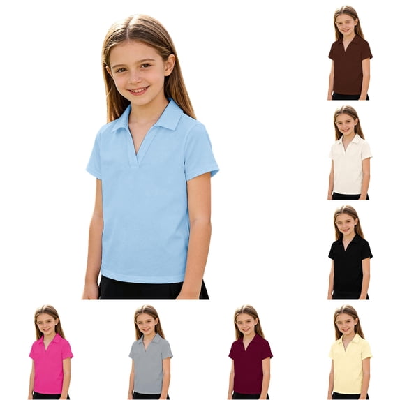 GobdXE Solid V Neck Collared Short Sleeve Polo Shirt Unisex Kids Back to School Uniform Basic Casual Pullover Tops for Toddler Little Big Boys Girls 11-12 Years,Light Blue