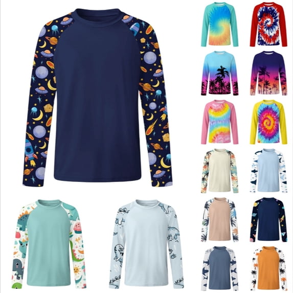GobdXE Space Planet Rocket Sleeve Print Unisex Kids Raglan Long Sleeve Crew Neck Rash Guard UPF 50 Sun Protection Outdoor Swim Top Navy,3-4 Years