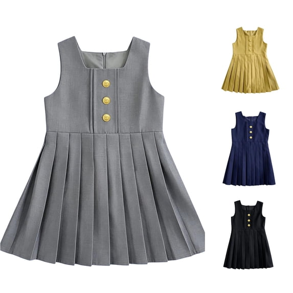 GobdXE Square Neck Sleeveless Front Decor Button Pleated Hem Vest Dress Back To School Layering Uniform Dress for Girls Grey,10-11 Years
