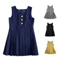 thumbnail image 1 of GobdXE Square Neck Sleeveless Front Decor Button Pleated Hem Vest Dress Back To School Layering Uniform Dress for Girls Navy,4-5 Years, 1 of 5