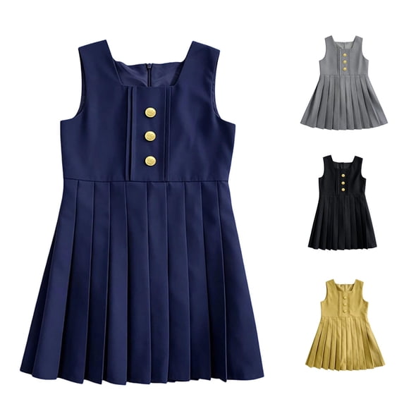 GobdXE Square Neck Sleeveless Front Decor Button Pleated Hem Vest Dress Back To School Layering Uniform Dress for Girls Navy,4-5 Years