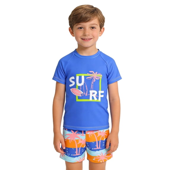 GobdXE Summer Tropical Palm Tree Surf Boys Two Piece Swimwear Short Sleeve Rash Guard Top Swim Shorts Kids Pool Bathing Suit Size:4-5 Years
