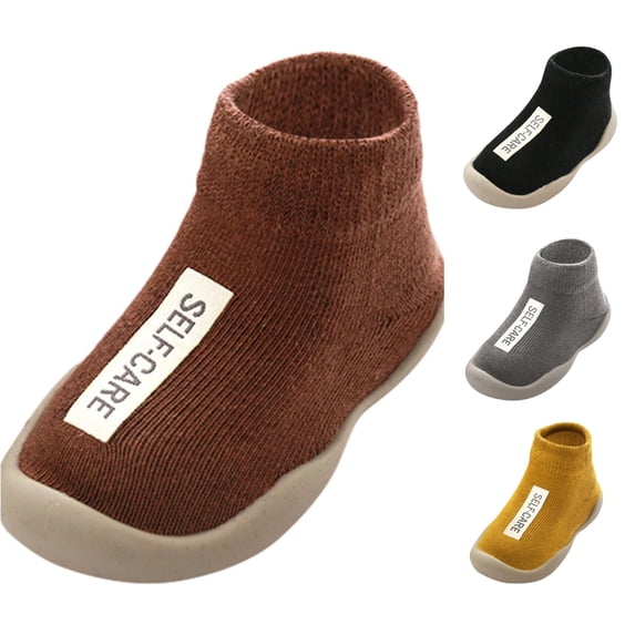 GobdXE Text Label Knit Sock Shoes Hard Rubber Sole Anti Low Cut Baby Walking Socks for Boys Girls Brown,4-5 Years