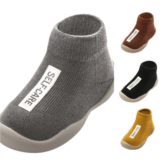 GobdXE Text Label Knit Sock Shoes Hard Rubber Sole Anti Low Cut Baby Walking Socks for Boys Girls Gray,4-5 Years
