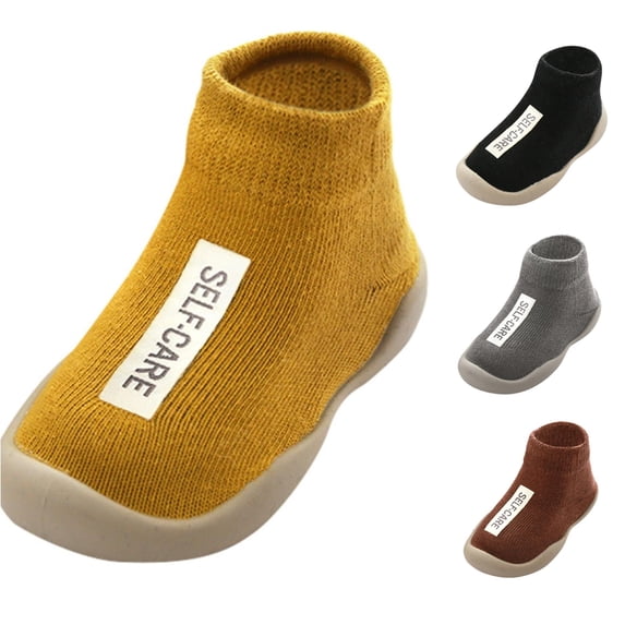 GobdXE Text Label Knit Sock Shoes Hard Rubber Sole Anti Low Cut Baby Walking Socks for Boys Girls Yellow,2-3 Years