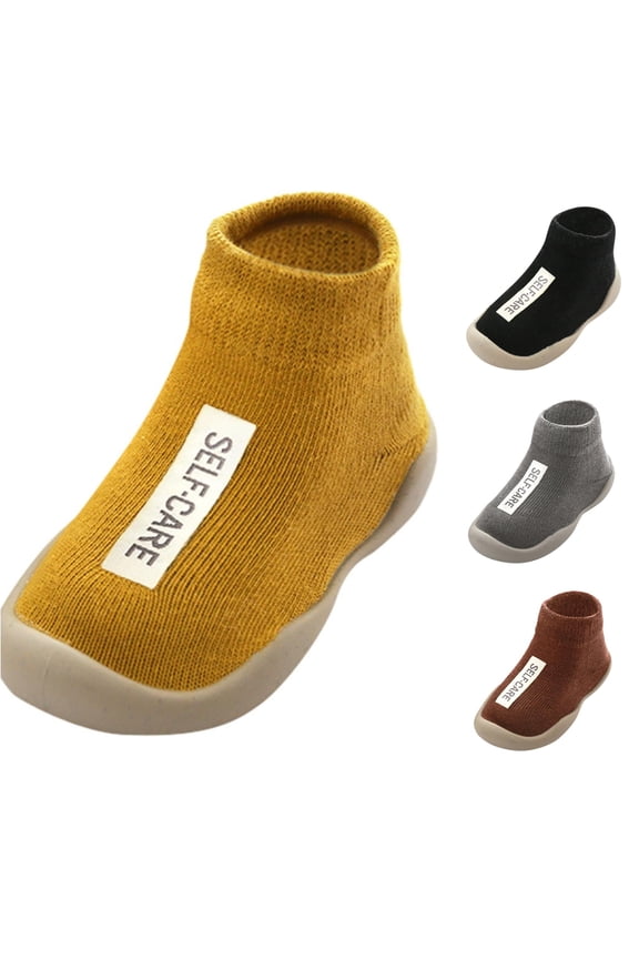 GobdXE Text Label Knit Sock Shoes Hard Rubber Sole Anti Low Cut Baby Walking Socks for Boys Girls Yellow,2-3 Years