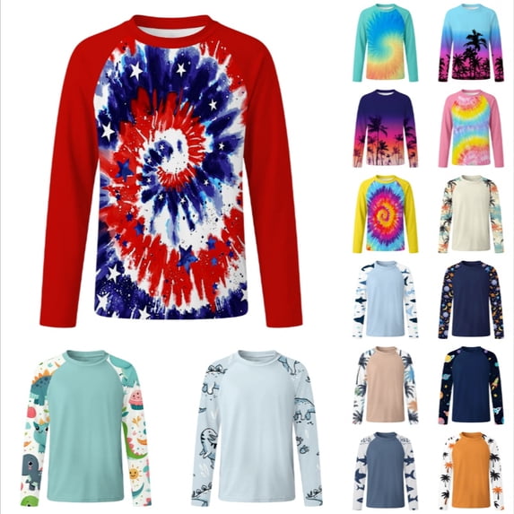 GobdXE Tie Dye Unisex Kids Raglan Crew Neck Long Sleeve Rash Guard UPF 50 Sun Protection Outdoor Swim Top Red,7-8 Years