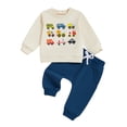 thumbnail image 1 of GobdXE Toddler Boys 2 Piece Outfit Cartoon Vehicle Print Long Sleeve Sweatshirt Drawstring Jogger Pants Kids Casual Clothing Set Beige,6-12 Months, 1 of 3