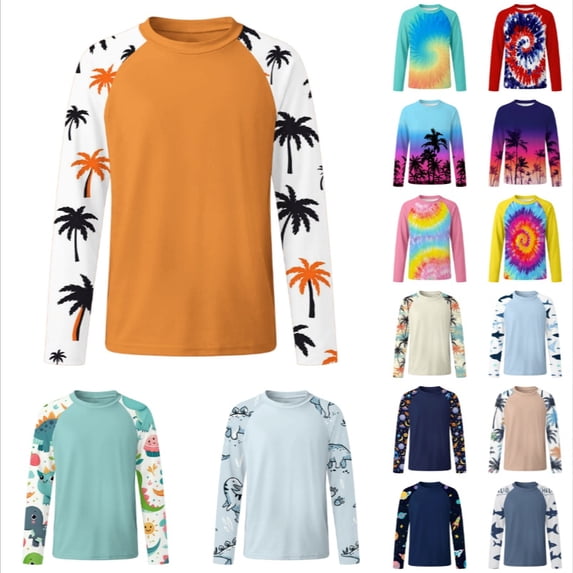 GobdXE Tropical Two-Tone Palm Tree Sleeve Print Unisex Kids Raglan Long Sleeve Crew Neck Rash Guard UPF 50 Sun Protection Outdoor Swim Top Orange,7-8 Years