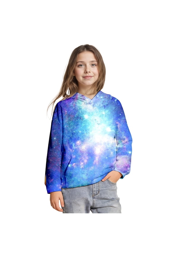 GobdXE Unisex Kids Blue Purple Galaxy Hoodie Boys Girls 3D Nebula Space Print Pullover Long Sleeve Sweatshirt Fall Winter Daily Tops 4-5 Years