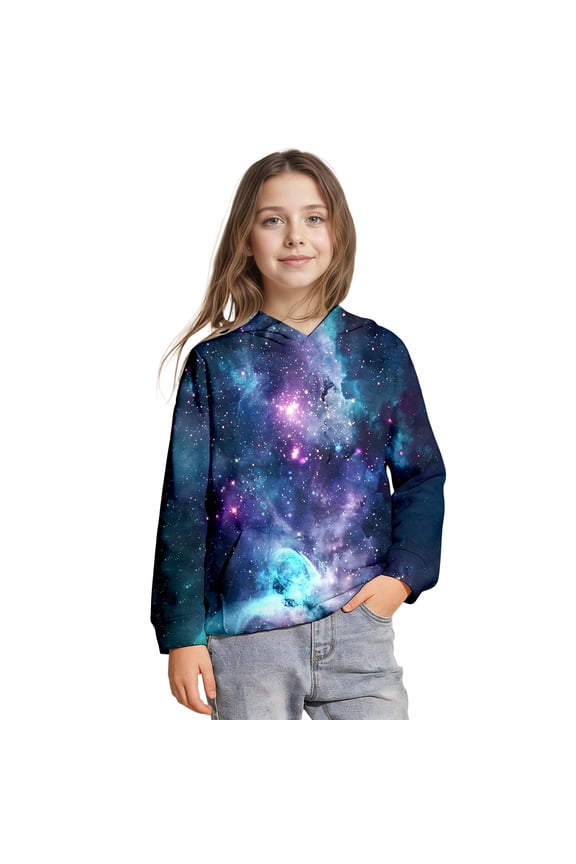 GobdXE Unisex Kids Blue Purple Planet Galaxy Hoodie Boys Girls 3D Cosmic Star Nebula Print Pullover Long Sleeve Sweatshirt Fall Winter Daily Tops 3-4 Years