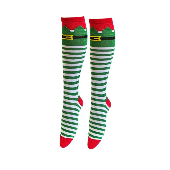 GobdXE Unisex Knee High Socks Christmas Elf Stripe Graphic Print Soft Knit Holiday Costume Party Wear Size:One Size