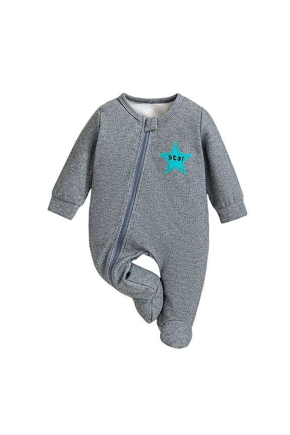 GobdXE Vertical Rib Star Embroidery Diagonal Zip Footed Baby Sleeper Long Sleeve Infant Romper Size:1M