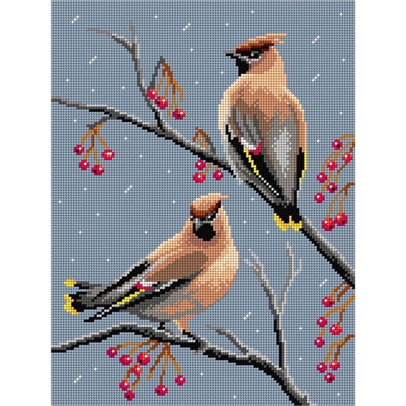 Wizardi Gobelin Canvas "Birds - Waxwings" 3592J Orchidea - Beautiful Waxwing Birds Design Halfstitch Canvas for DMC 117/Anchor 460, 11.8x15.7" Beginner Needlepoint Canvas Without Yarn