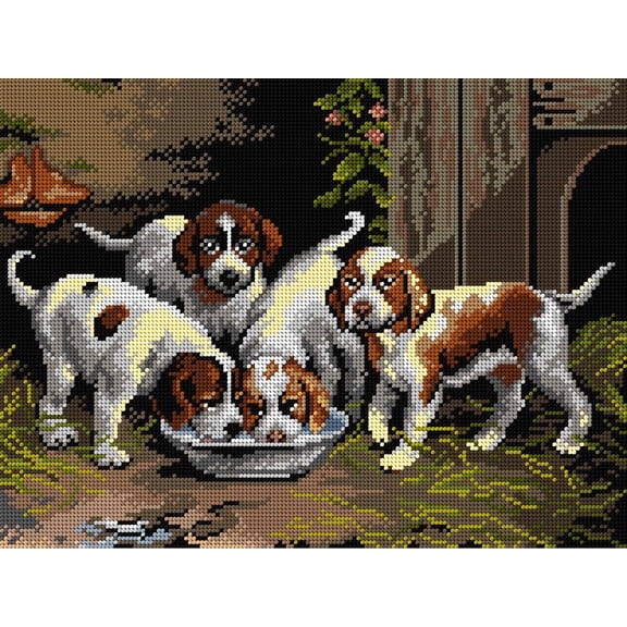 Wizardi Gobelin Canvas for halfstitch Without Yarn After Otto Eerelman - Puppies Drink Water 3521J Orchidea
