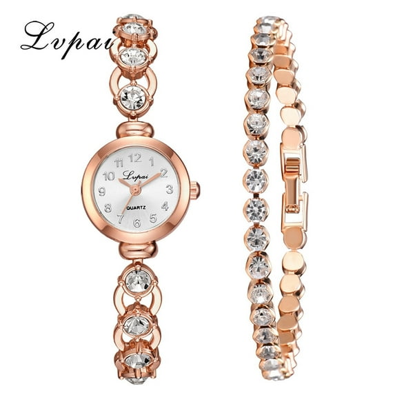 Gobestart 2pcs/Set Fashion Simple Dial Steel Strip Watch Full Diamond Bracelet