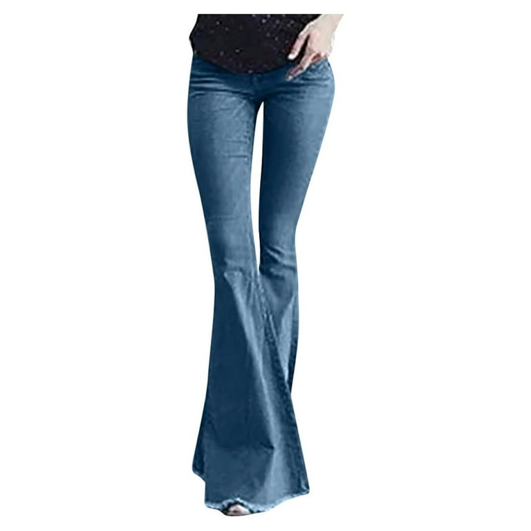 Gobestart Women Flare Mid Waisted Denim Jeans Pocket Stretch Slim