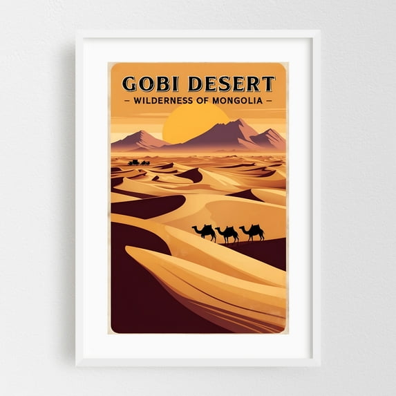 Gobi Desert Vintage Poster – Mongolian Wilderness Art Print - Illustration Desert Wilderness Travel Poster Vintage Poster Landscape Sunset White Framed Wall Art Print 5 x 7 inches