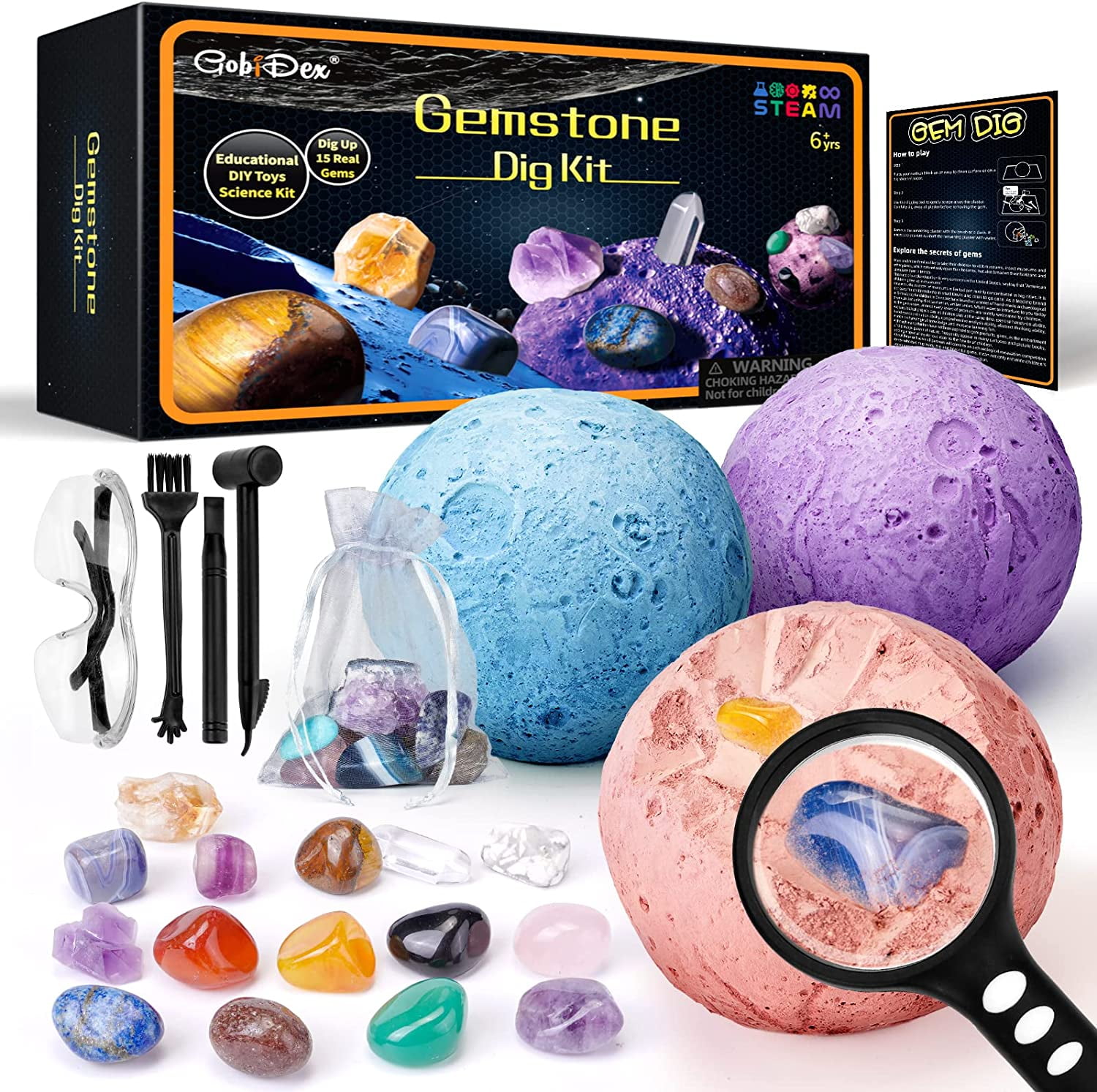 GobiDex STEM Dig Kit For Kids - Amber & Gemstone Excavation With 21 Specimens & Tools