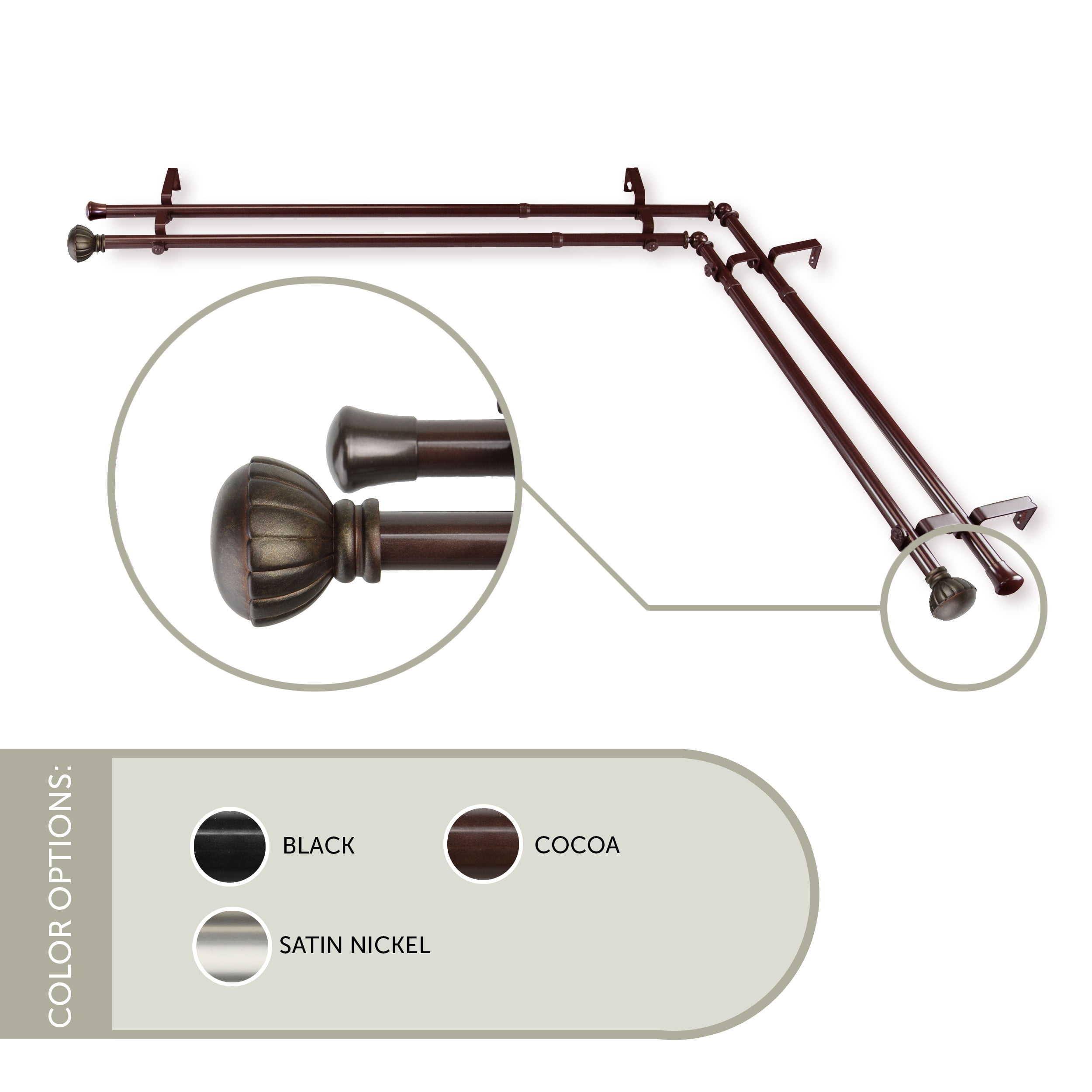 Goblet 13/16 inch Corner Window Double Curtain Rod 120-170" - Cocoa