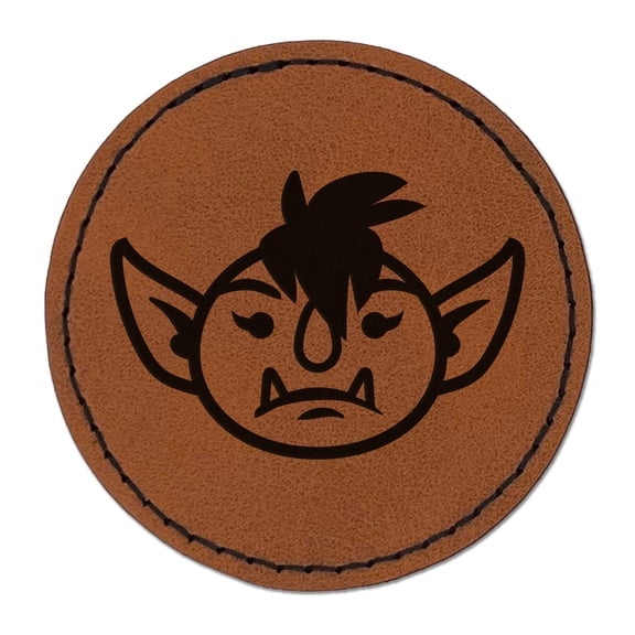 Goblin Female Character Face 2.5" Faux Leather Round Engraved Iron-On Patch - Brown