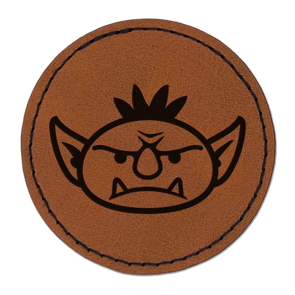 Goblin Male Character Face 2.5" Faux Leather Round Engraved Iron-On Patch - Brown
