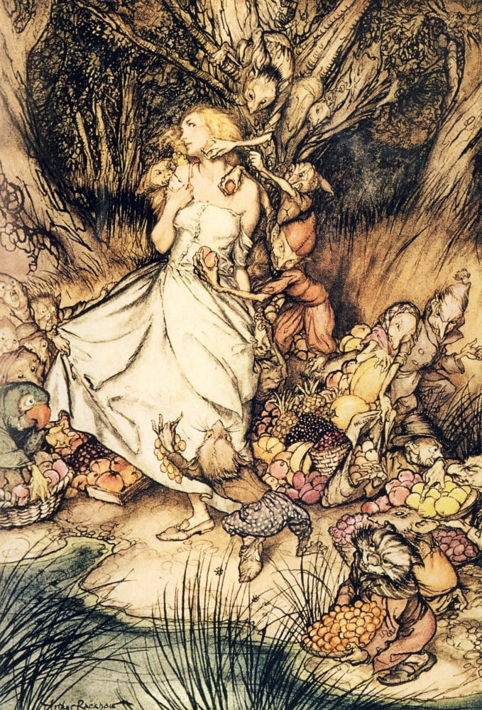 Goblin Market 1933 White & Golden Lizzie stood Canvas Art - A Rackham (18 x 24)