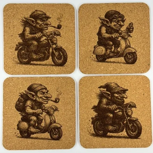 Goblin Motorcycle Coaster Set: Funny Biker Bar Decor, Fantasy Art
