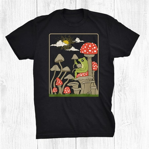 Goblincore Aesthetic Cottagecore Cute Frog On Mushroom Shirt Gift Black Size up to 4XL