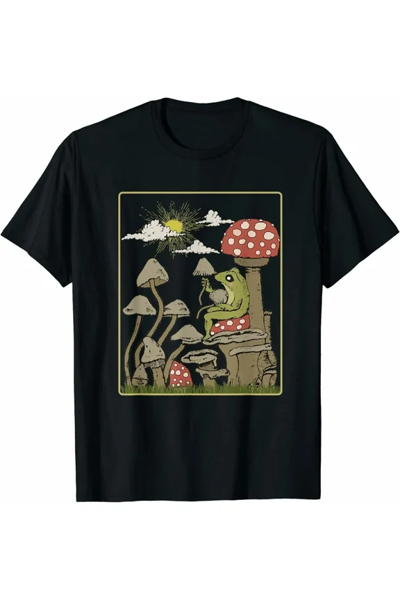 Goblincore Aesthetic Cottagecore Cute Frog On Mushroom T-Shirt, Size M - 3XL