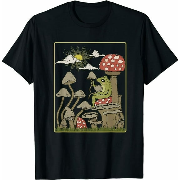 Goblincore Aesthetic Cottagecore Cute Frog On Mushroom T-Shirt, Size M - 3XL