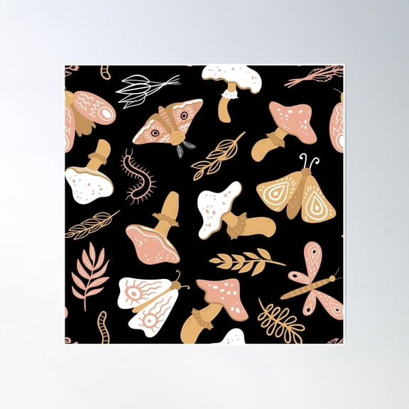 Goblincore Aesthetic Pattern - Mushrooms, Worms And Moth - Forest Theme Fairy Grunge Goblin Core Goth Cottagecore Poster Wall Art, Modern Wall Decor, 16x16 UNFRAMED