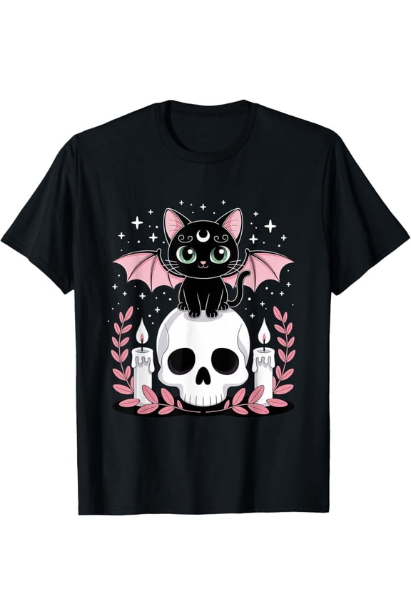 Goblincore Cat Bat On Skull Moonphases Goth Cottagecore Men Women Kids T-Shirt