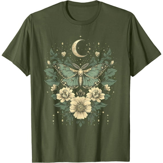 Goblincore Moth and Butterfly Moonphases Flowers Cottagecore Unisex T-Shirt for Men Women Kids Toddler,Military Green Color,Size YM