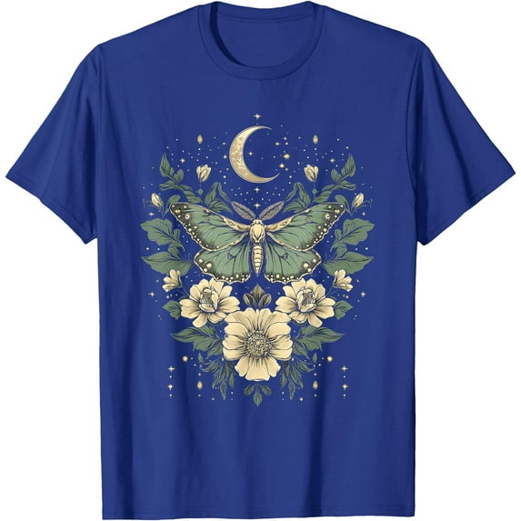 Goblincore Moth and Butterfly Moonphases Flowers Cottagecore Unisex T-Shirt for Men Women Kids Toddler,Royal Blue Color,Size XL