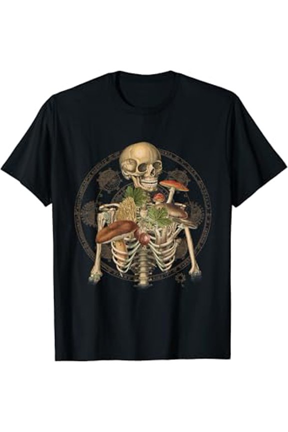 Goblincore Skeleton With Mushrooms Foraging Mycologist Fungi T-Shirt Design Preview Only