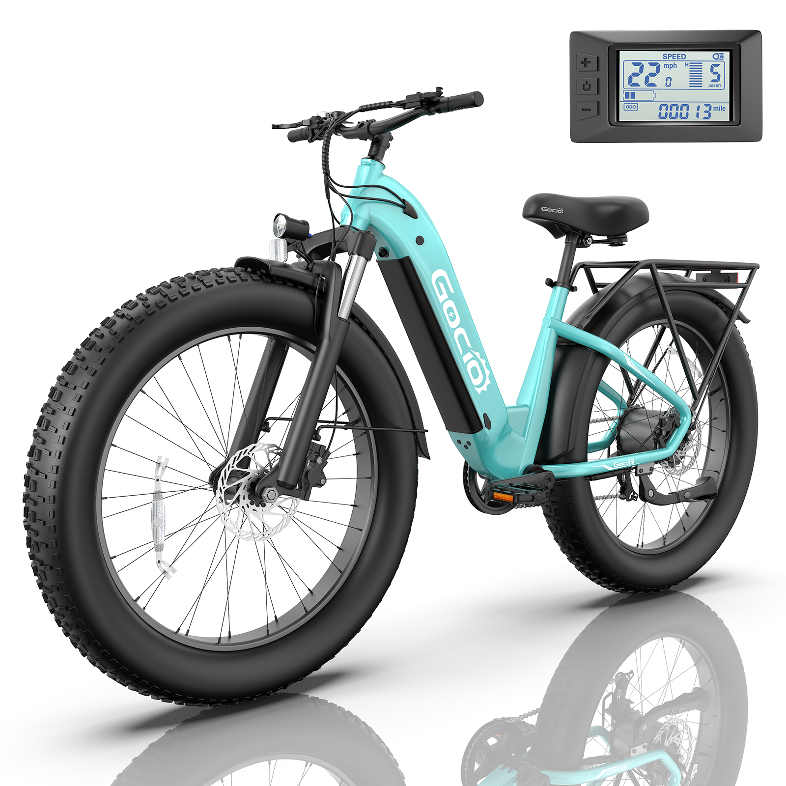Gocio 26" Fat Tire Electric Mountain Bike for Adults, 1350W Peak Motor, 48V 15Ah (720Wh) Removable Battery, 22 Mph, 7-Speed Off-Road Ebike, UL2849 Certified