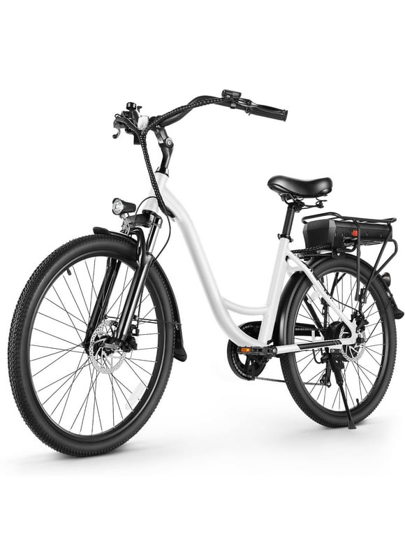 Gocio 26" Low Frame Electric Bike for Adults with Powerful 350W Motor, Long-lasting 48V 10.4Ah Battery, LCD Display, Shimano 7 Speeds, and 5 Riding Modes Commuter Ebike, City Cruiser - White