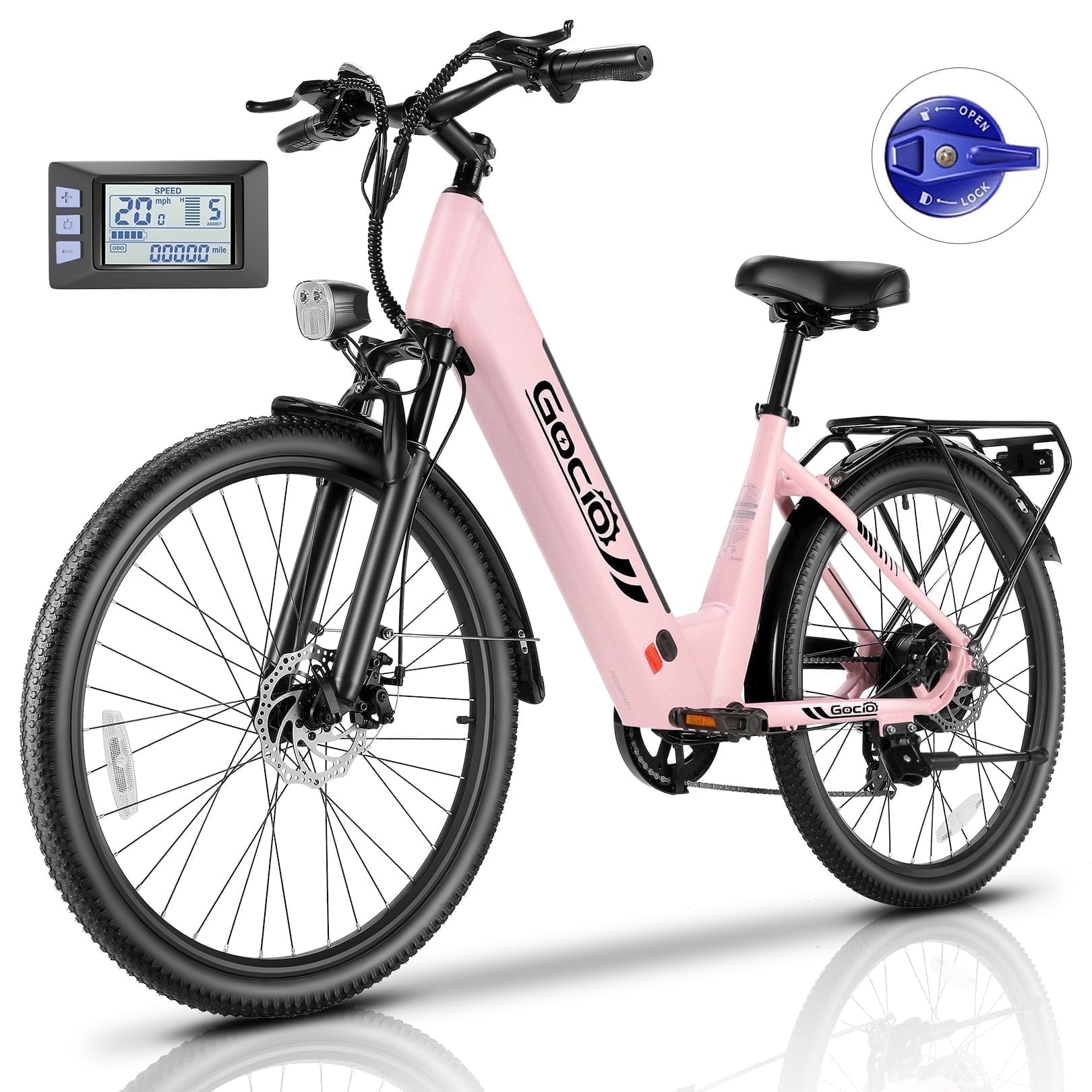 Gocio 26" x 2.1" Electric Bike for Adults, 500W Commuter Pink Ebike, 48V 720wh Built-In Battery, 5 Riding Modes, Max 60 Miles, LCD, Lockable Front Suspension step thru e bikes UL 2849