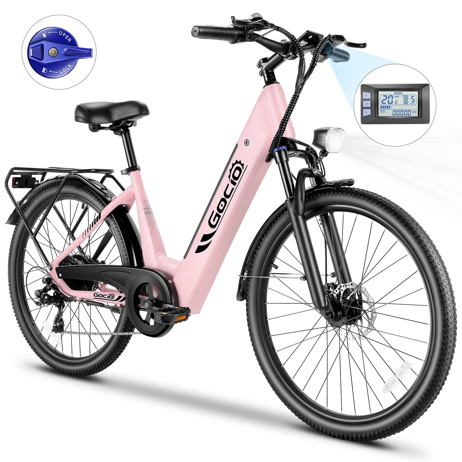 Gocio Peak 750W Step Thru Electric Bike for Adults, 26" x 2.1" Frame, 48V 499Wh Waterproof Battery, Lockable Suspension Fork, LCD, Cruiser Style, Max 19.8 Mph Commuter Pink Ebike, UL2849 Certified