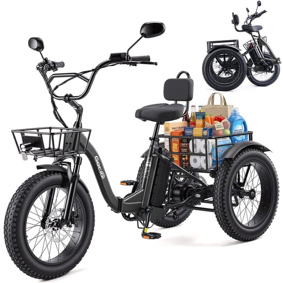 Gocio Peak 1000W Electric Tricycle, 20" x 4.0 Fat Tire Foldable Electric Tricycle, 48V 18AH Large-Capacity Battery E Trikes,7 Speed 3-Wheel Electric Bike for Adults UL2849 Certified