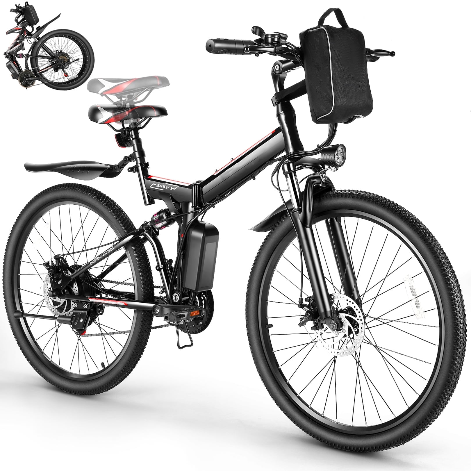 Gocio 500W 26″ 21 Speed Adult Electric Foldable bike with 48V Battery, Full Suspensio