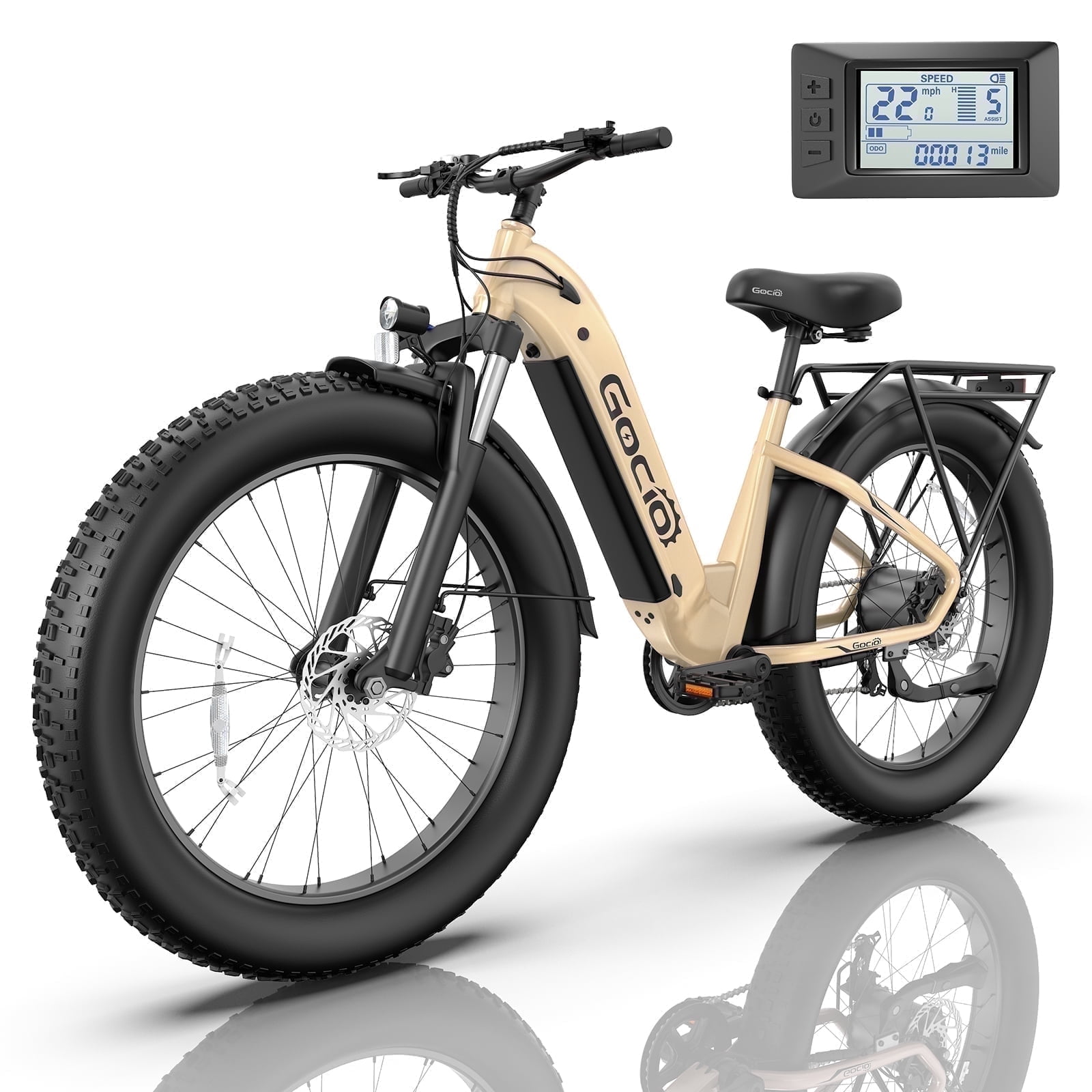 Gocio 26" Fat Tire Electric Bike for Adults, 1350W Peak Motor, 48V 15Ah Battery, 22MPH E-Mountain Bike, 7-Speed Off-Road Ebike, UL2849