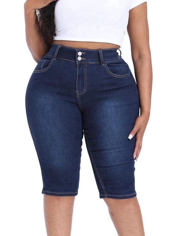 Plus Size Capris for Women 17" Inseam Stretchy Capri Jean Shorts High Waisted Cropped Pants Dark Blue 24W